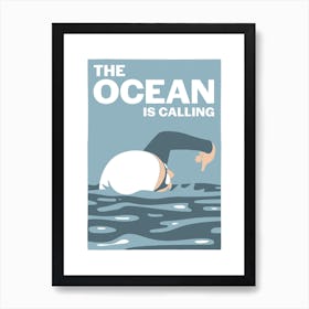 The ocean is calling – retro vintage swimming poster in blue Art Print
