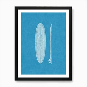 Vintage Surfboard Silhouette On Ocean Blue Linen Texture Art Print