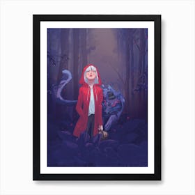 Red Riding Hood with Woolf surrounded by magical forrest, art print, kids stories, children book art, dark wood Art Print