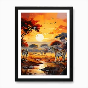 Zebras At Sunset Art Print