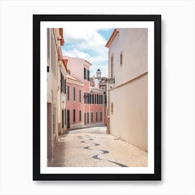 Pastel houses in Cascais, Portugal - wanderlust vintage street and travel photography by Christa Stroo Art Print