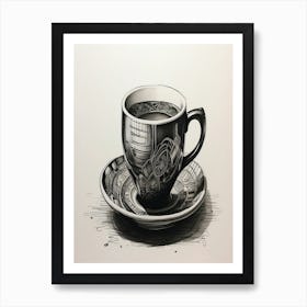 Coffee Cup Print Black Pen Drawing 1 Art Print