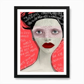 BROOKLYN - Abstract Portrait of a fashion model, Fashion Illustration with Graffitti "Red Lipstick" Freckles  and piercings  Art Print