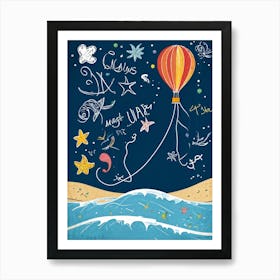 Cartoon Illustration Of A Vibrant Helium Balloon Embellished With Playful Designs Of Children At A (1) Art Print