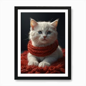 White Kitten In Red Scarf Art Print