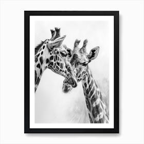 Two Giraffe Together Pencil Drawing 4 Art Print