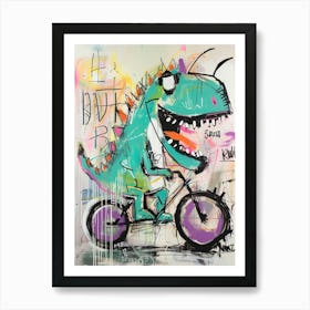 Dinosaur On A Bike Pink Purple Graffiti Style Illustration 3 Art Print