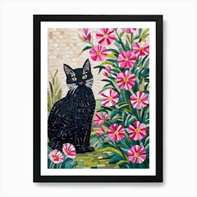 Black Cat With Pink Flowers Art Print