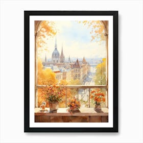 Window View Of Budapest Hungary In Autumn Fall, Watercolour 3 Art Print