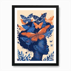 Woman With Butterflies On Her Head 2 Art Print