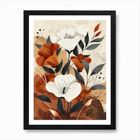 Flowers In Beige, Brown And White Tones, Using Simple Shapes In A Minimalist And Elegant 17 Art Print