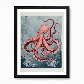 Detailed Octopus On The Ocean Floor Linocut Inspired 2 Art Print