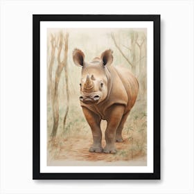 Vintage Illustration Of A Rhino Walking Through The Jungle 1 Art Print