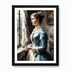 Lady By The Window, winter, castle,a breathtaking landscape scenery,multilayer view,enchanted stunning visually,dark influenza,ink v3,oil on linen ,oil on canvas,hyperrealism, artistic masterwork,perfect painting,soft color,inspired by wadim kashin,jeremy mann 2 Art Print