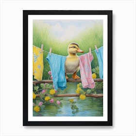 Duckling On The Washing Line Pastel Illustration 3 Art Print