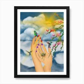 Harmony - Hummingbirds and Blossoms in Hands Art Print