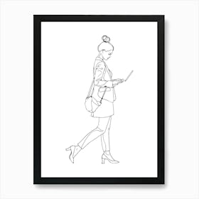 Business Woman Walking With A Laptop Minimalist One Line Illustration Art Print