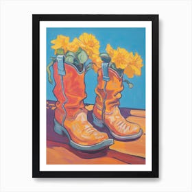 A Painting Of Cowboy Boots With Daffodils Flowers, Fauvist Style, Still Life 3 Art Print