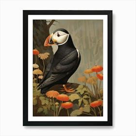 Dark And Moody Botanical Puffin Art Print