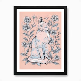 Cute Siamese Cat With Flowers Illustration 3 Art Print