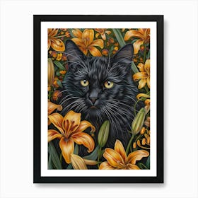 Black Cat With Lilies 2 Art Print