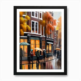 Amsterdam cafes, autumn, autumn oil colours, pastel colours, pedestrians in the street, winter clothes.4 Art Print