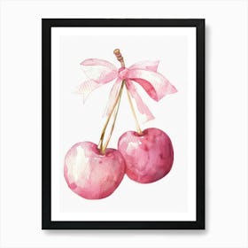 Cherries And Bow Painting Trendy Retro Watercolour Coquette Kitchen Art Print