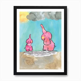 Watercolour Pink Elephants Art Print