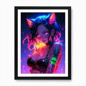 Cosplay cat girl with neko ears, colorful neon vibes. Hentai anime girl with boobs, cute and sexy manga waifu. A Japanese fantasy girl, blending cuteness and allure. Art Print