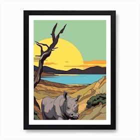 Rhino & The Sunset In The Dry Landscape 3 Art Print