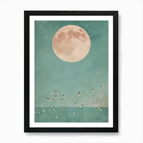 Full Moon Over Seagulls Art Print