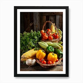 Assorted Vegetables And Fruits From A Fresh Farm Harvest Arranged In A Rustic Wicker Basket Overfl 2 1 Art Print