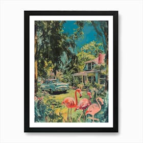 Retro Flamingoes In A Garden 2 Art Print