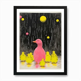 Duck Family In The Rain Linocut Inspired 2 Art Print
