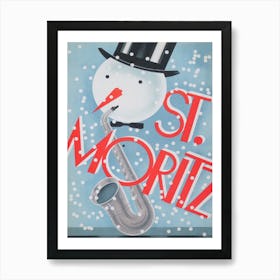St Moritz Switzerland, Snowman with Saxophone Vintage Poster Art Print
