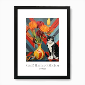 Cats & Flowers Collection Daffodil Flower Vase And A Cat, A Painting In The Style Of Matisse 6 Art Print