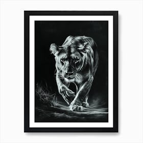 African Lion Charcoal Drawing Lioness On The Prowl 3 Art Print