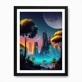 Neon cyberpunk city in a forest with Moons — surreal space collage art, cosmic futuristic sci-fi collage Art Print