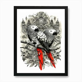 Two Parrots Nimbus On A Branch Art Print