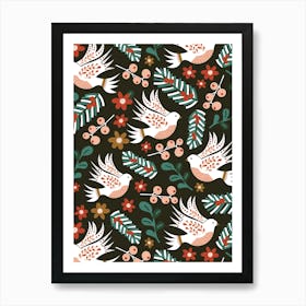 Folk Art Christmas White Doves and Winter Florals on Black Art Print