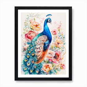 Storybook Style Floral Peacock Illustration 1 Art Print