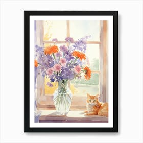 Cat With Daises Flowers Watercolor Mothers Day Valentines 3 Art Print