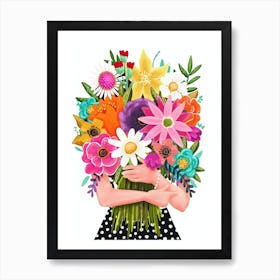 Woman Holding a Colorful Bouquet of Flowers Illustration on a White Background Art Print