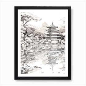 Kinkaku Ji (Golden Pavilion) In Kyoto, Ukiyo E Black And White Line Art Drawing 2 Art Print