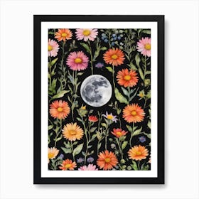 Moon Among The Wildflowers ~ Art Nouveau Colorful Flowers Full Moon Wheel of the Year Almanac Black Background Beautiful Moon Phases, Home Decor Watercolour Painting Pagan Fairytale Art Print