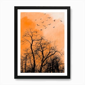 watercolor trees,birds,nature,forest,orange,sunset Art Print