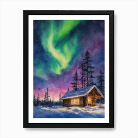 The Northern Lights - Aurora Borealis Rainbow Winter Snow Scene of Lapland Iceland Finland Norway Sweden Forest Lake Watercolor Beautiful Celestial Artwork for Home Gallery Wall Magical Etheral Dreamy Traditional Christmas Greeting Card Painting of Heavenly Fairylights Art Print