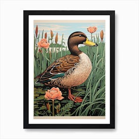 Vintage Bird Linocut Mallard Duck 1 Art Print