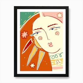 Leo Zodiac sign, Lion, Retro 70s, Abstract woman art, Surreal, Vibrant orange Art Print