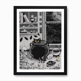 Witches Cauldron. Black Cat in A Pot. Witchcraft Art Print